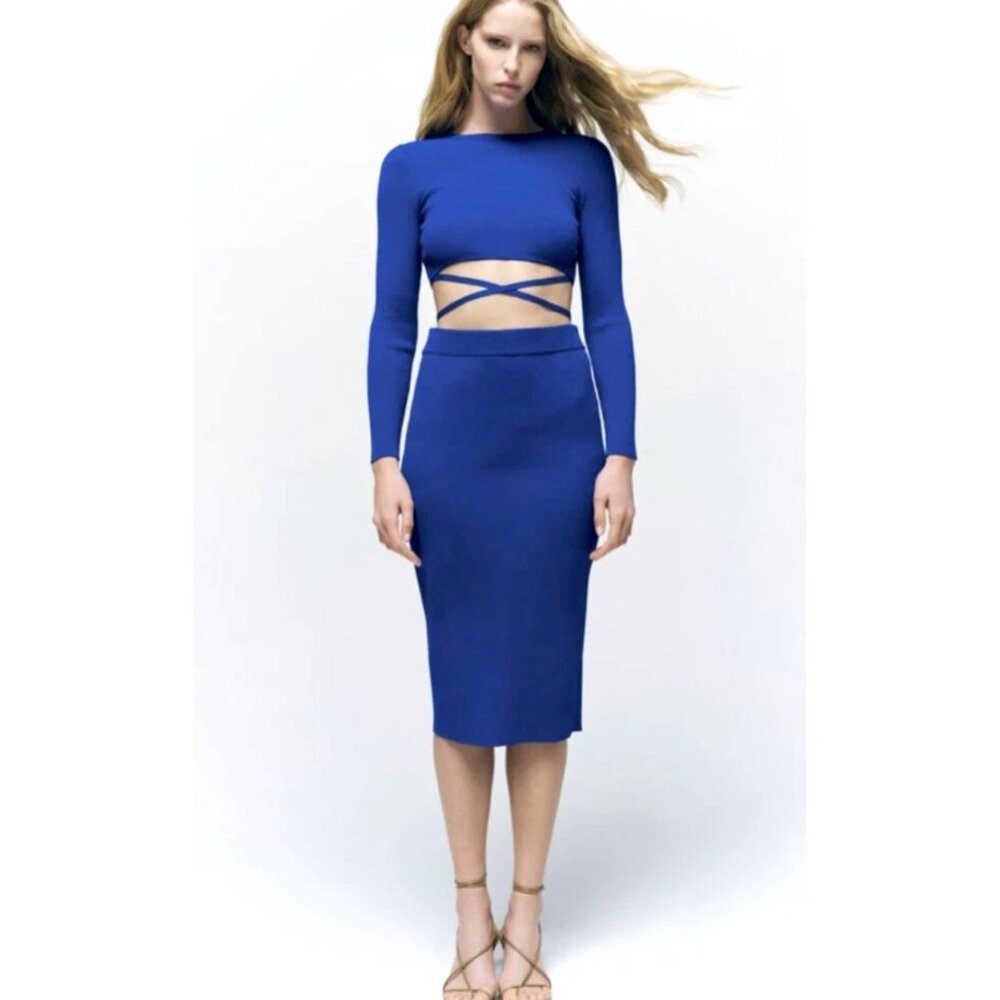 Zara Woman Ribbed Knit Midi Pencil Skirt Blue M Stretch Bodycon NWT